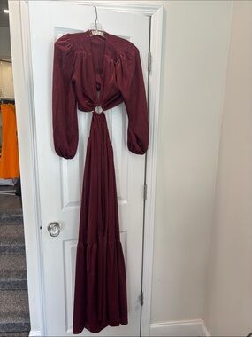 Plunge Neck Burgundy Maxi Dress with Ring Front and balloon style  Sleeves